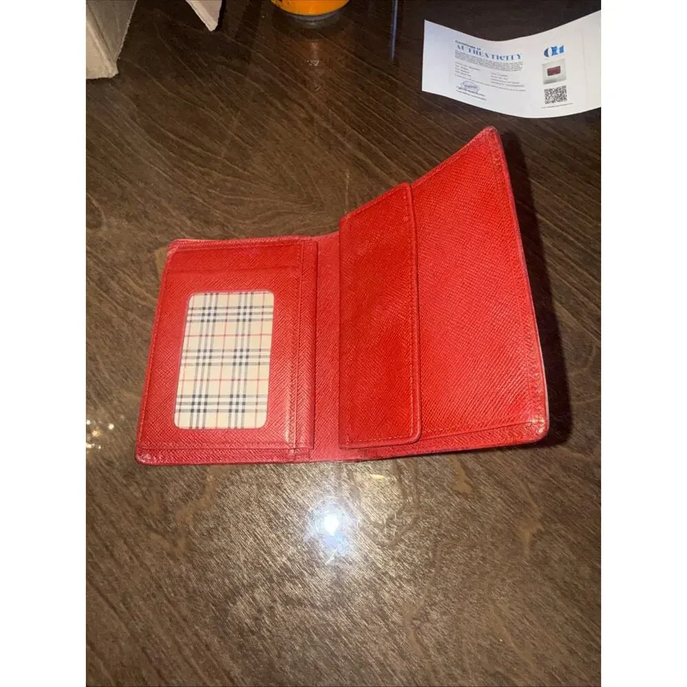 Burberry Red Leather Wallet Card Holder Coin Purse Nova Check